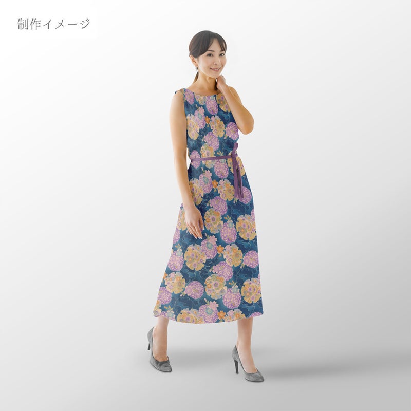 ポリちりめん生地 花雪輪に桜(青) 10cm単位 切り売り