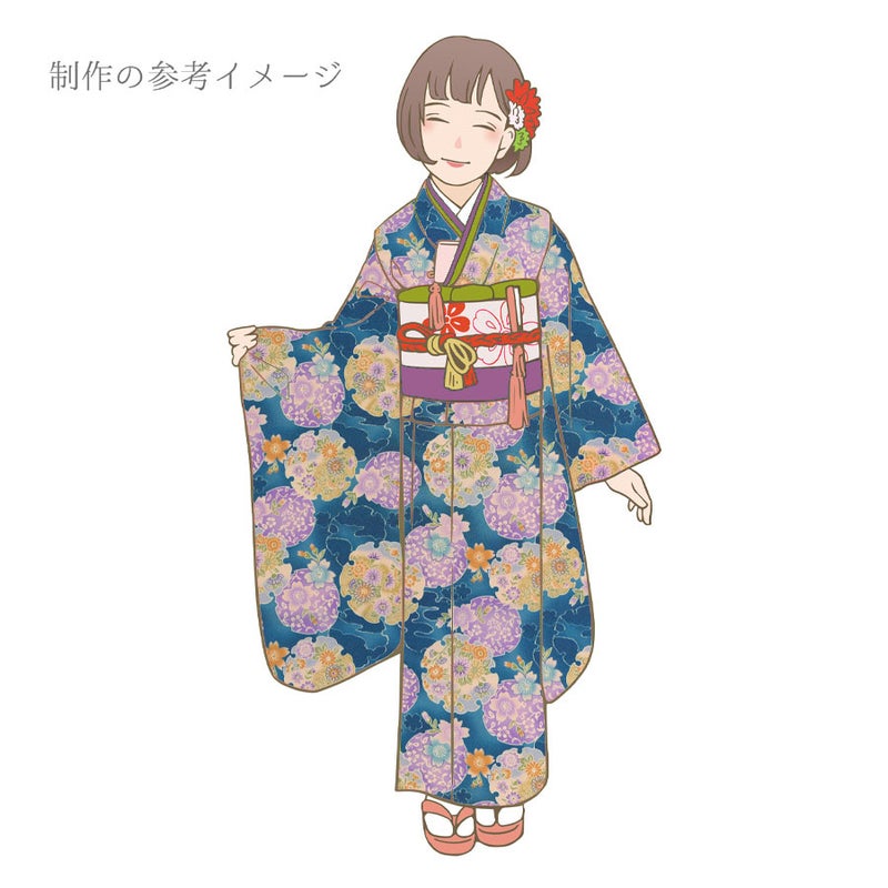 ポリちりめん生地 花雪輪に桜(青) 10cm単位 切り売り