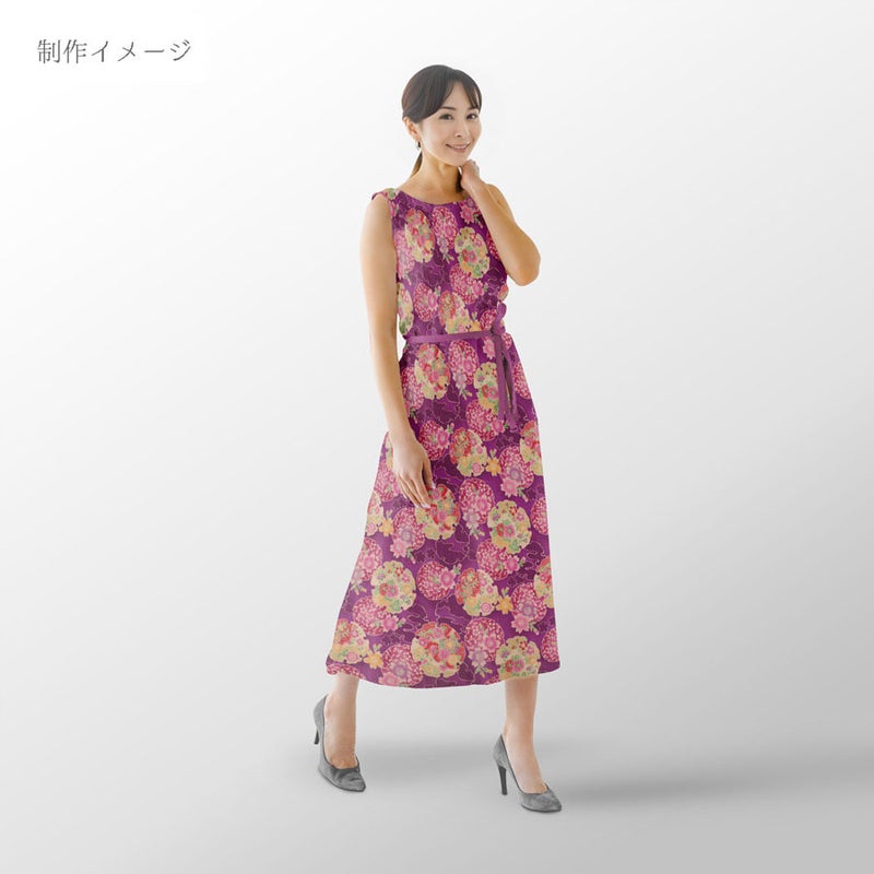 ポリちりめん生地 花雪輪に桜(紫) 10cm単位 切り売り