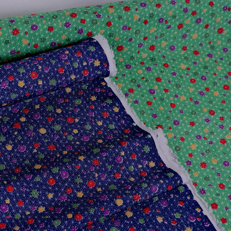 ちりめん生地 麻の葉に小花(緑) 10cm単位 切り売り