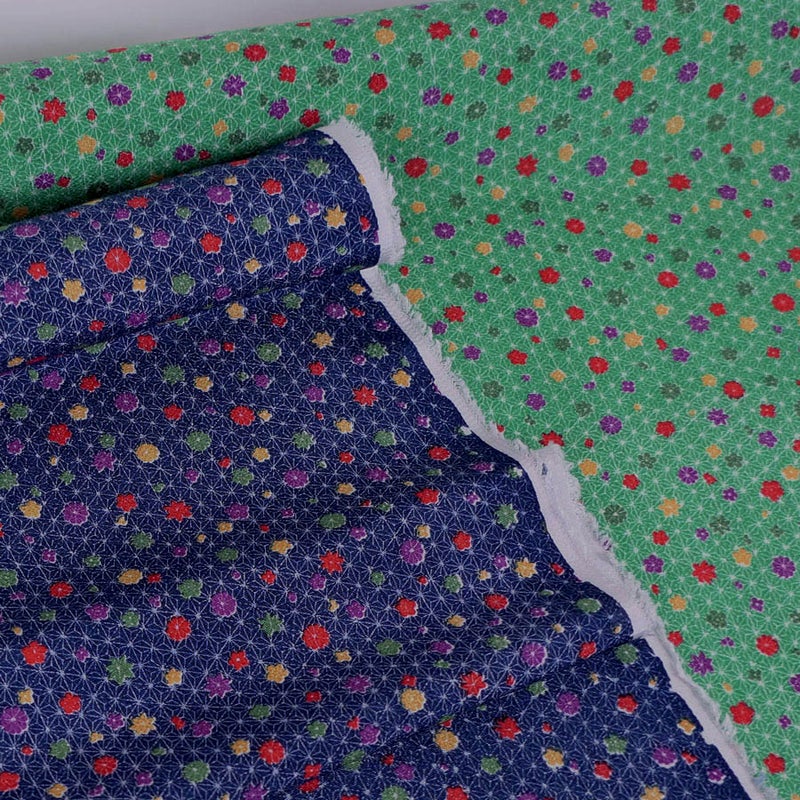 ちりめん生地 麻の葉に小花(紺) 10cm単位 切り売り