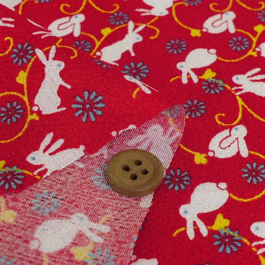 ちりめん生地 うさぎ日和(赤) １ｍ単位
