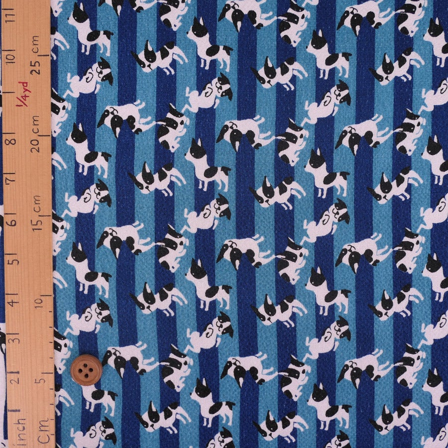 ちりめん生地 縞にフレンチブルドッグ(青) １ｍ単位