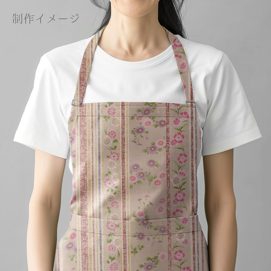 和柄コットン生地 花模様と彩り縞(ベージュ/ピンク)