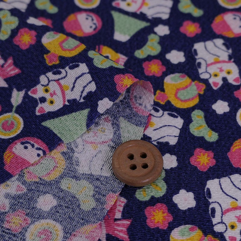 ちりめん生地 縁起物づくし(紺)
